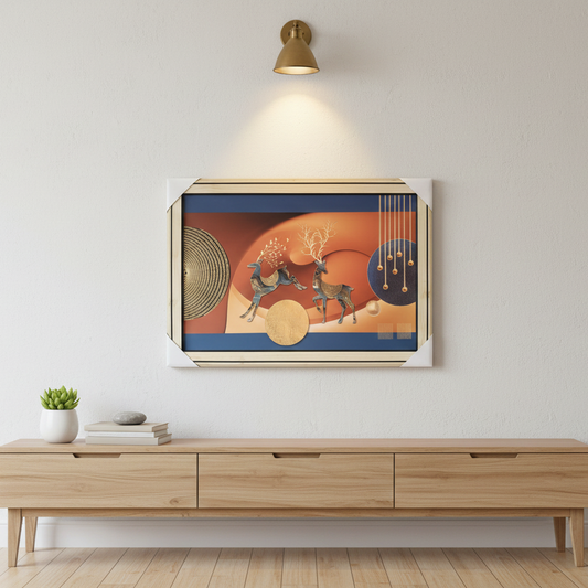 Decorative framed artwork on a wall above a wooden console table.